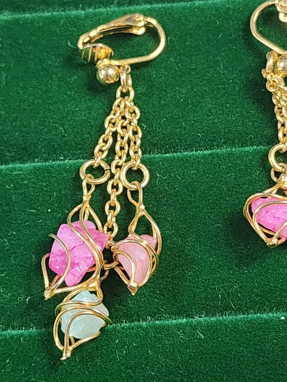 Boho dangle earrings natural stone chips wire wrapped gold tone leverback